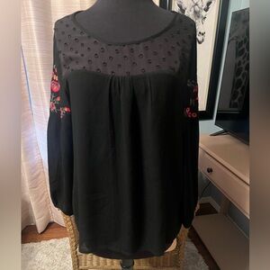 Skies Are Blue Black Blouse with Red Embroidery